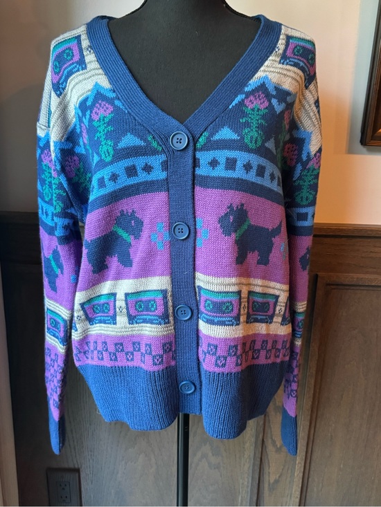 Stranger Things Sweaters - Stranger Things Blue and Purple Graphic Button-Front Cardigan Sweater M